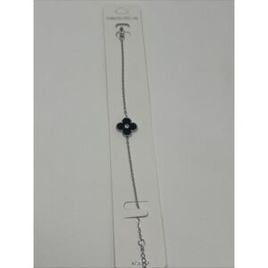 NWT ACERO Silver Four Leaf Clover Black Bracelet w/ Rhinestone Stainless Steel